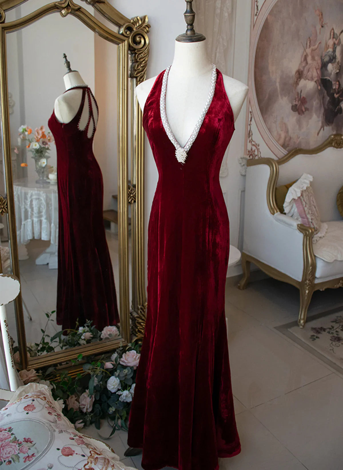 Vestido de fiesta Weitese, tienda de vestidos de fiesta, vestido largo de sirena de terciopelo con cuello halter y cuentas de color rojo vino, vestidos formales.